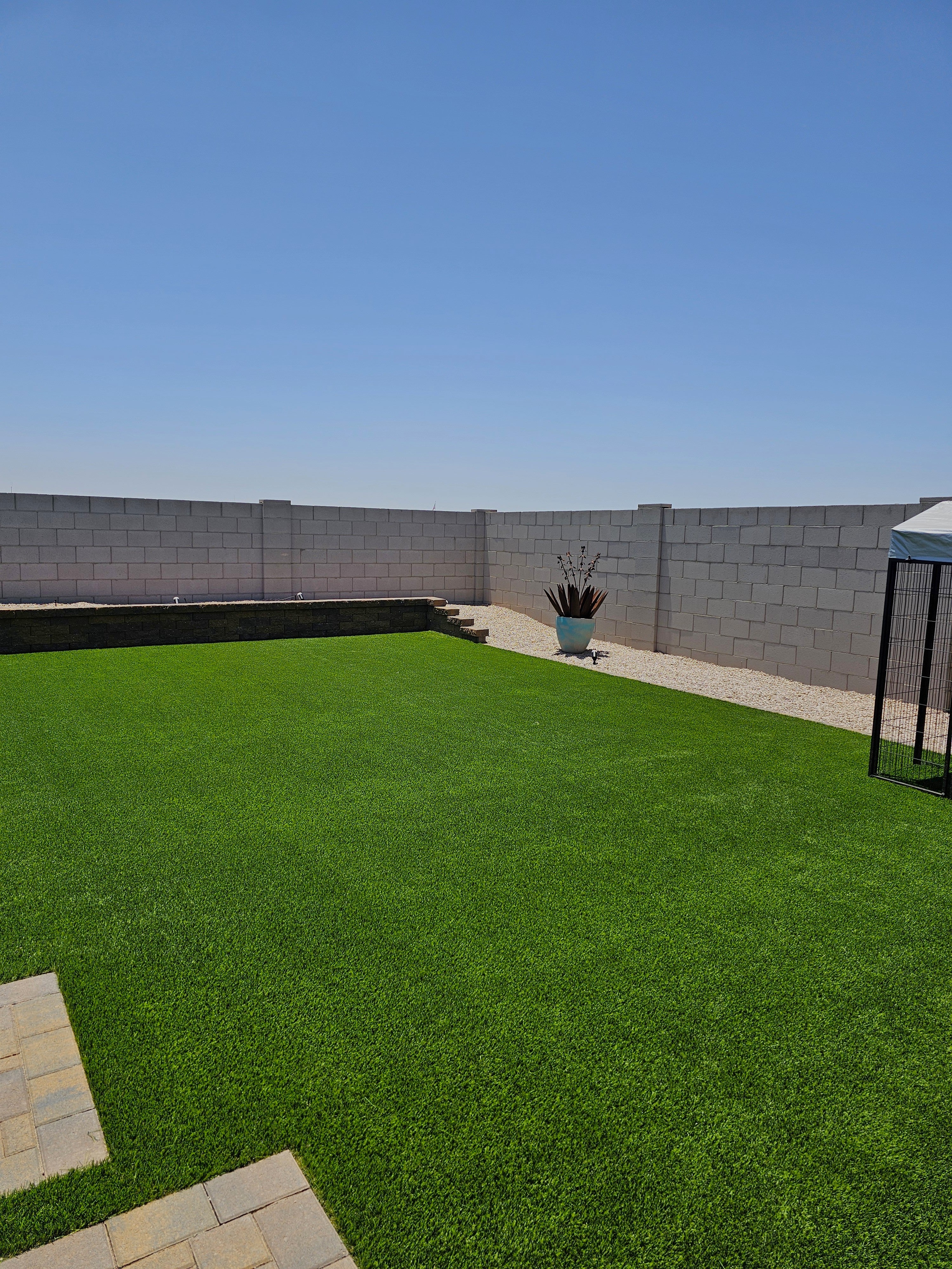 Backyard with artificial grass, concrete wall, and clear blue sky
